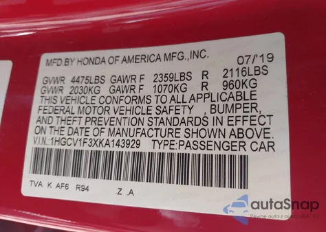 2019 Honda Accord Sport from USA, damaged, VIN 1HGCV1F3XKA143929